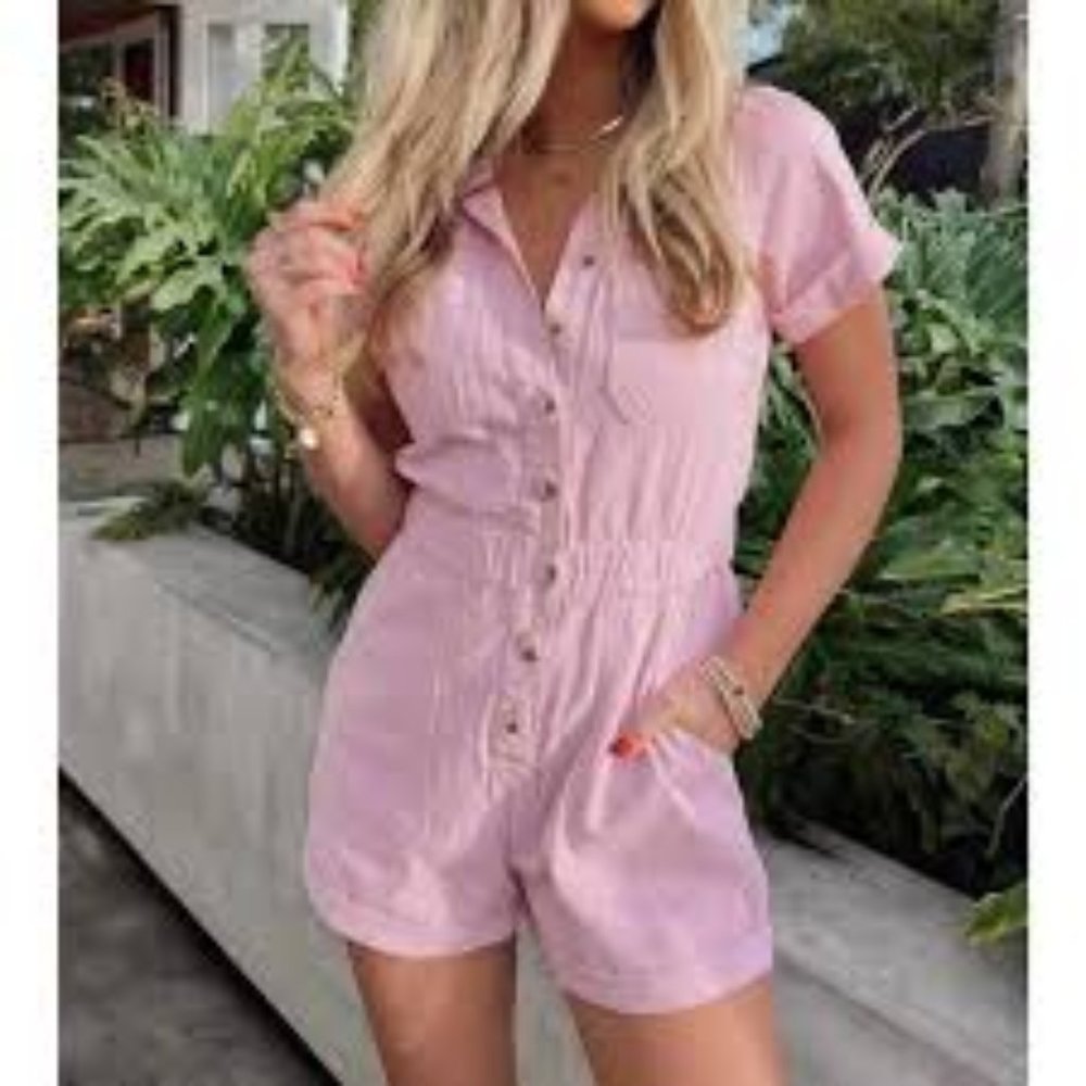 Show Me Your MuMu Pink Button-Front Cannon Romper